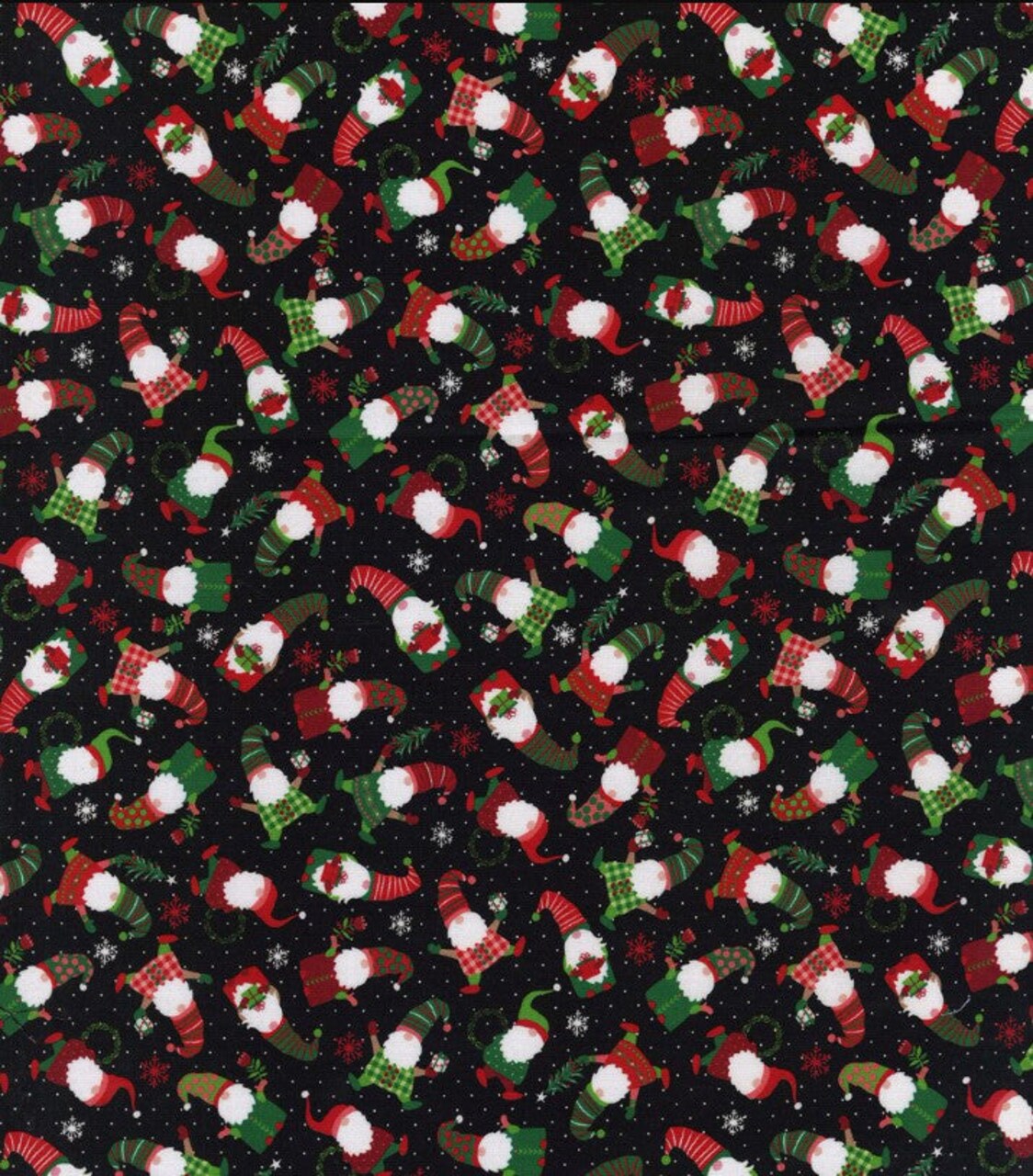 Hi Fashion Christmas Red Green Tossed Gnomes 100% Cotton Fabric